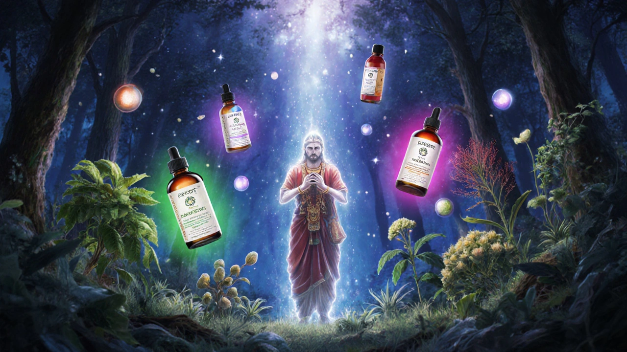 Ancient Ayurvedic herbs as spirit plants in a mystical forest, with Geriforte Syrup at the center.