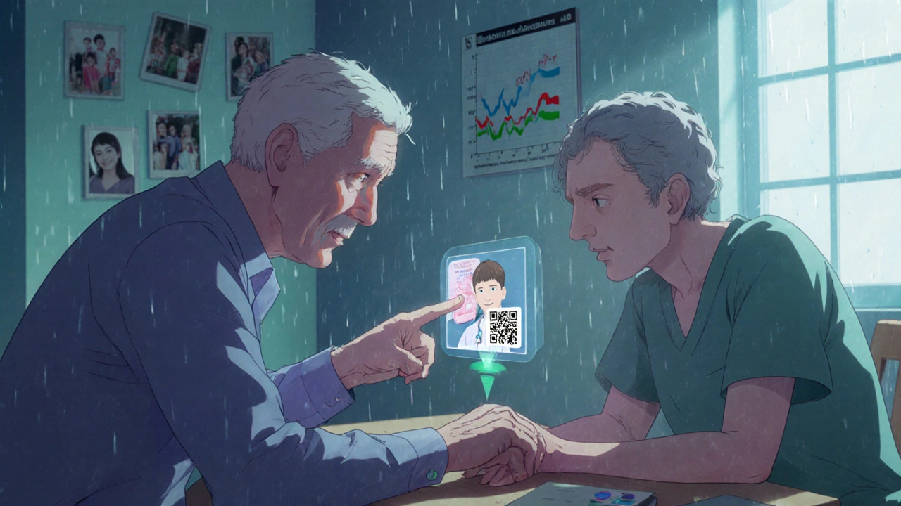 Caregiver and elderly man using a smart blister pack with a holographic doctor explaining medication.