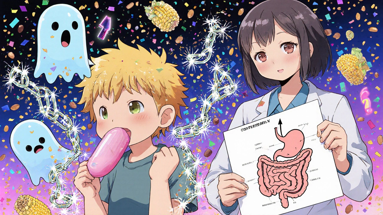 Child swallowing gum as cartoonish chains of the seven-year myth break apart into confetti.