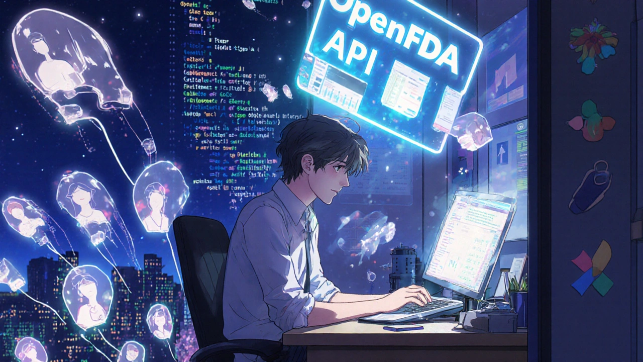 Developer surrounded by floating API code and patient data symbols, OpenFDA logo glowing above laptop in nighttime apartment.