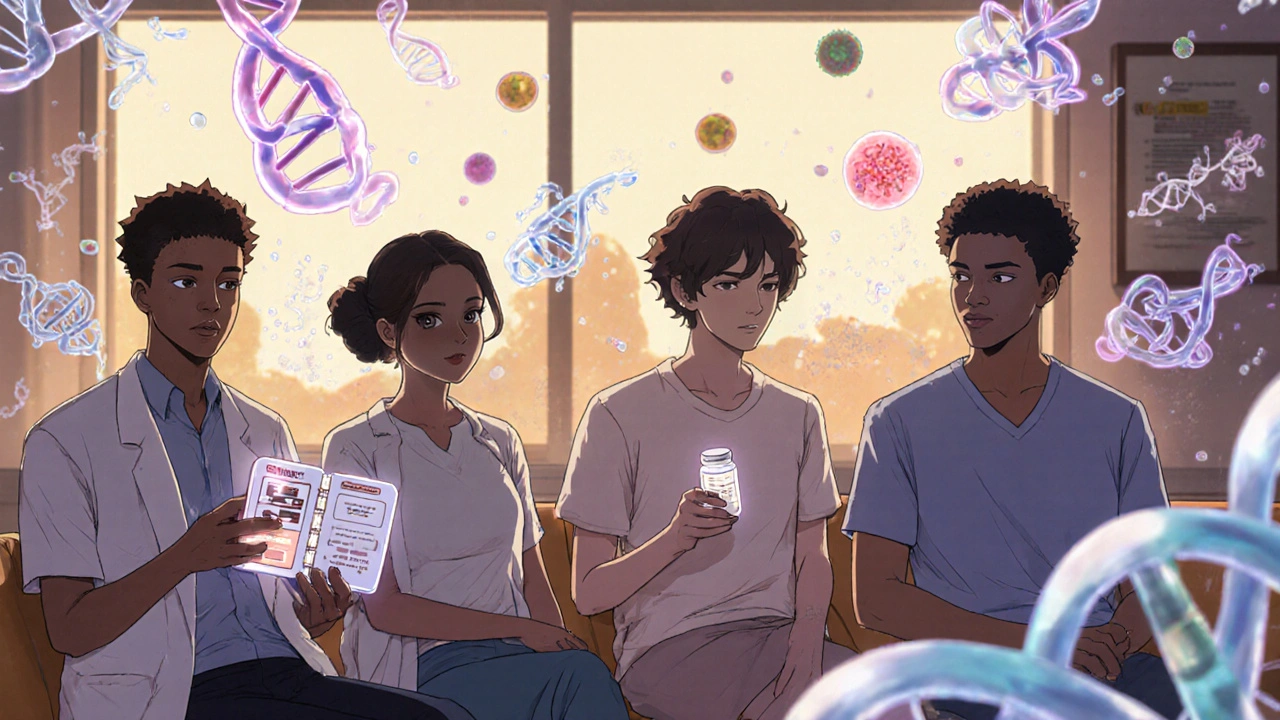 Diverse patients in clinic with pill organizer, flu shot, and DNA nanoparticles, hopeful lighting, healing imagery.