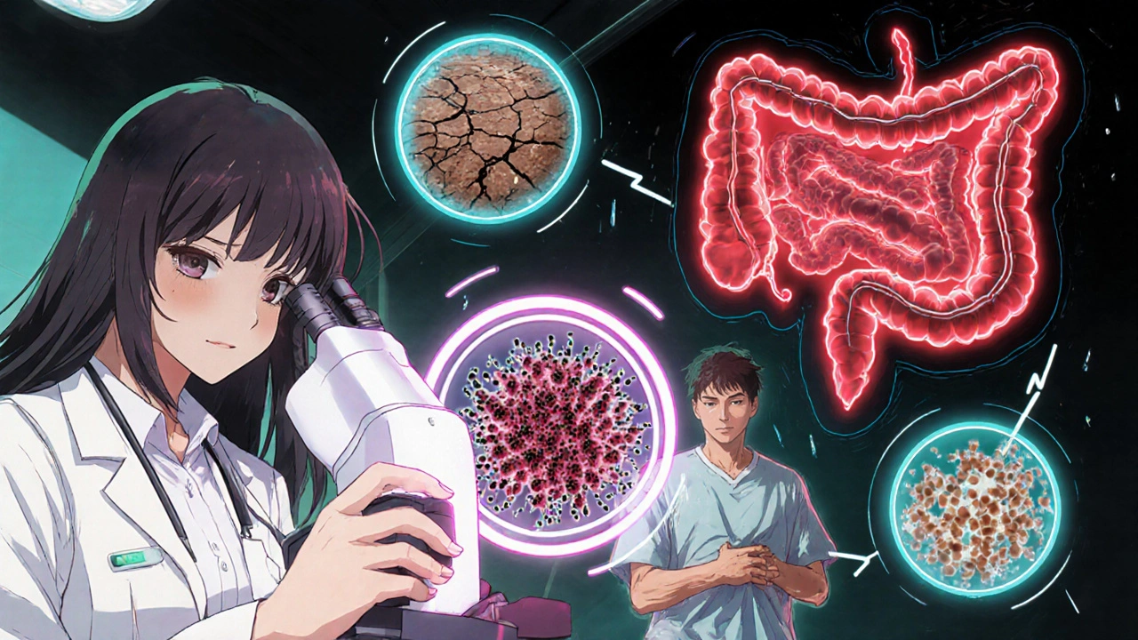 Doctor examining stool sample under microscope as C. diff spores burst, patient in agony with dehydration symbols.