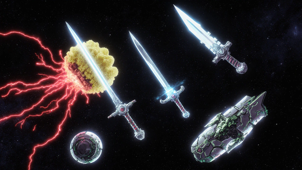 Five TNF inhibitor drugs floating as unique weapons, each with distinct energy signatures and designs.