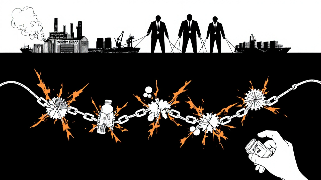 Global drug supply chain breaking apart, shadowy figures pulling strings above falling pills.