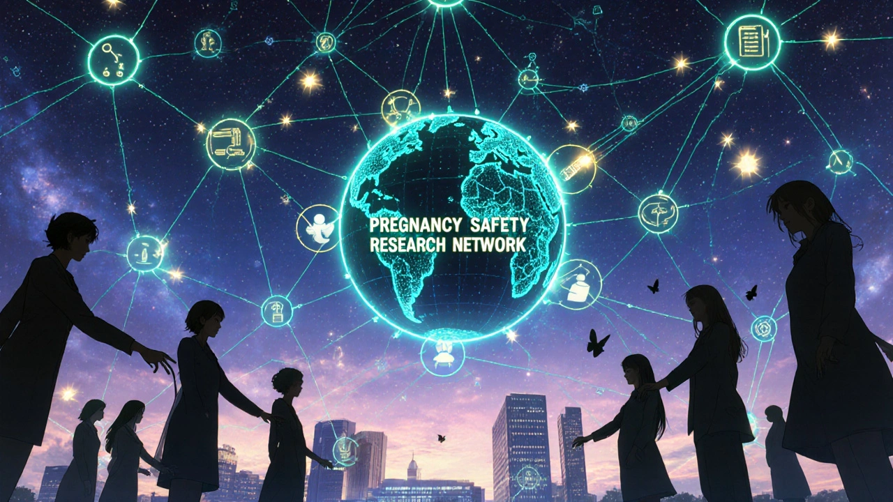 Global network of maternal health data nodes glowing in cosmic hospital skyline.