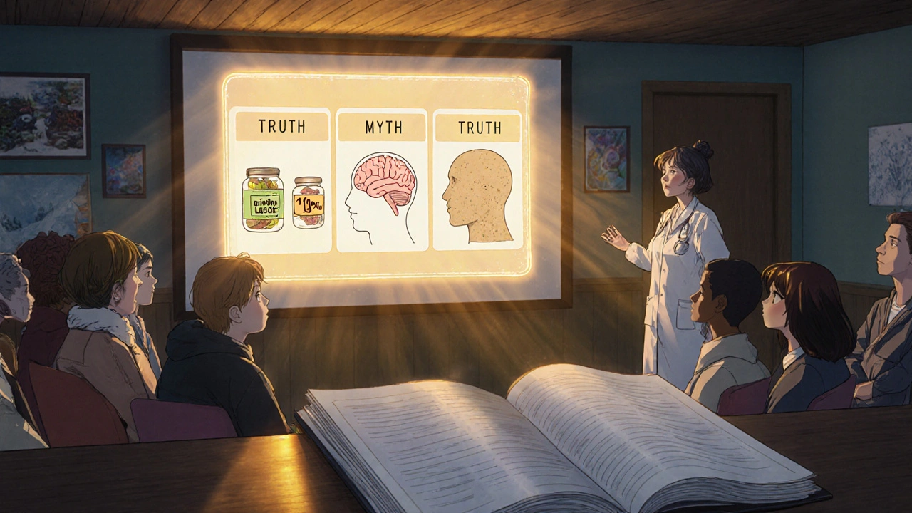 Healthcare worker explaining truth sandwich method with glowing myth icons crumbling into dust.