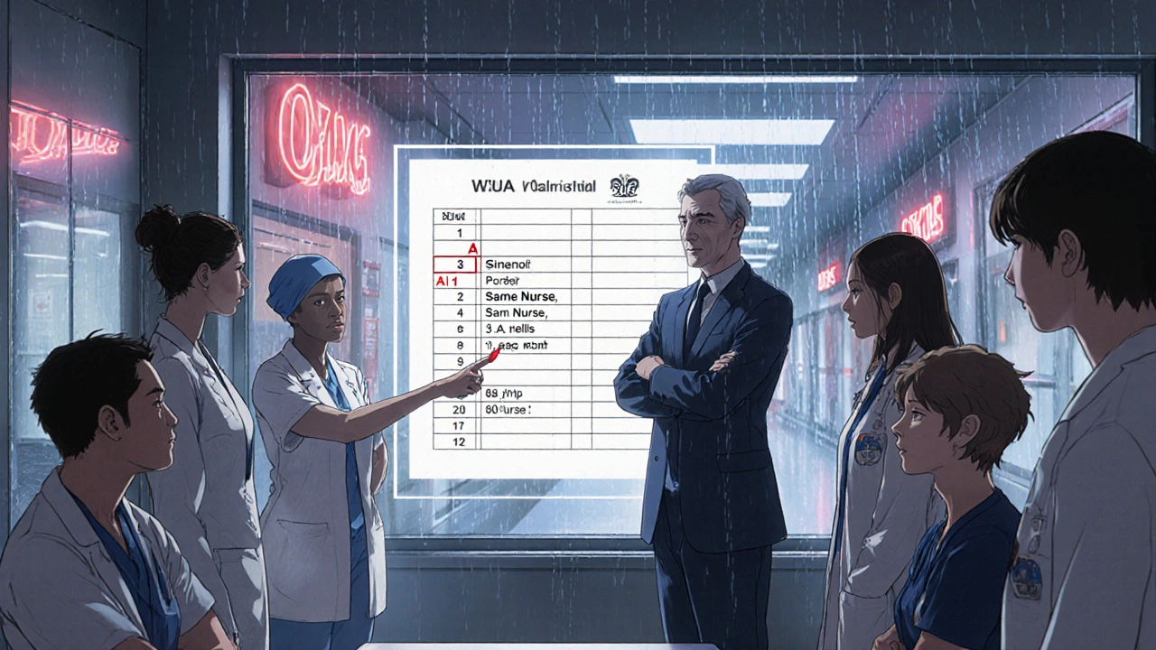 Medical staff review a holographic audit log highlighting suspicious opioid refills during night shifts.