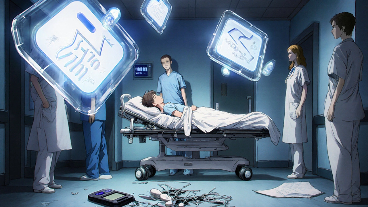 Patient unconscious in ER with floating SGLT2 inhibitor icons and shattered glucose meter.