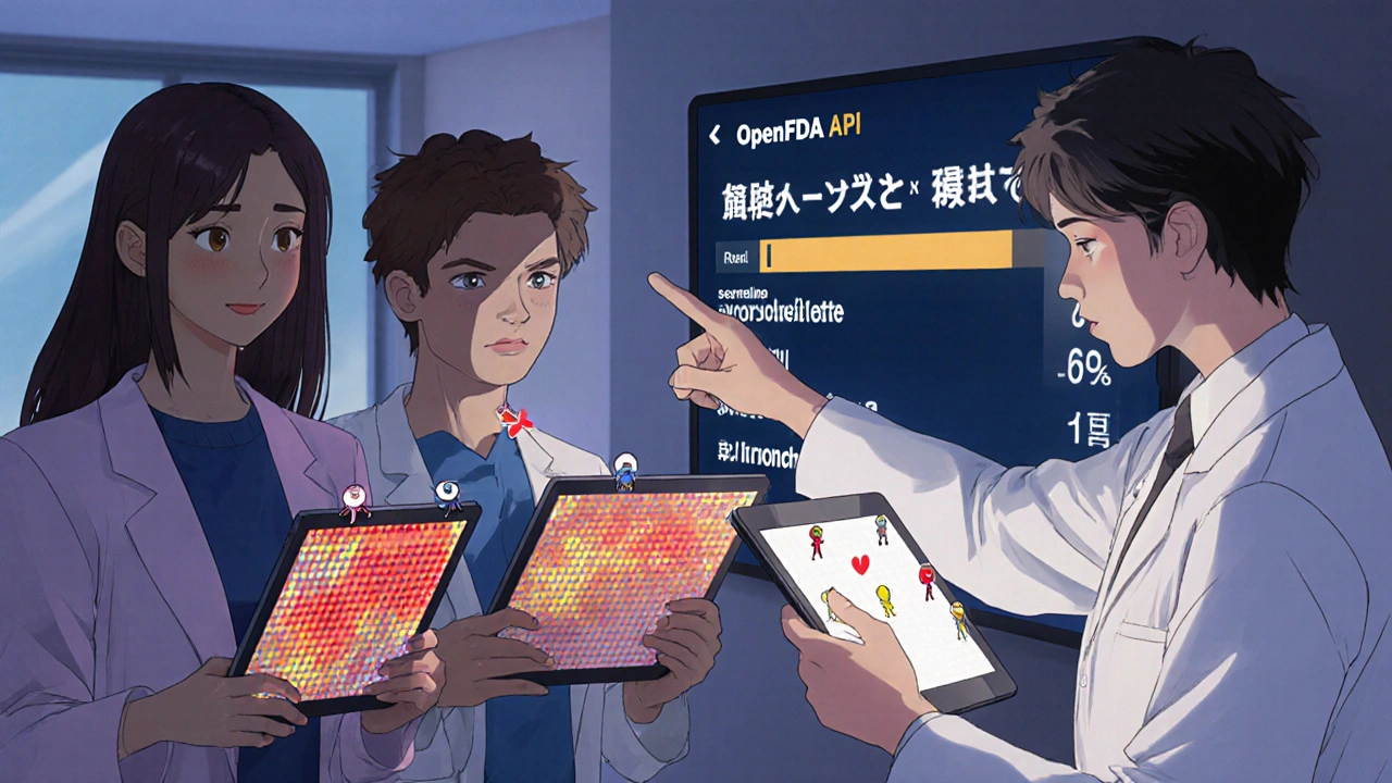 Patients and doctor viewing side effect heatmaps on tablets, animated reports pulsing with color in a clinic setting.