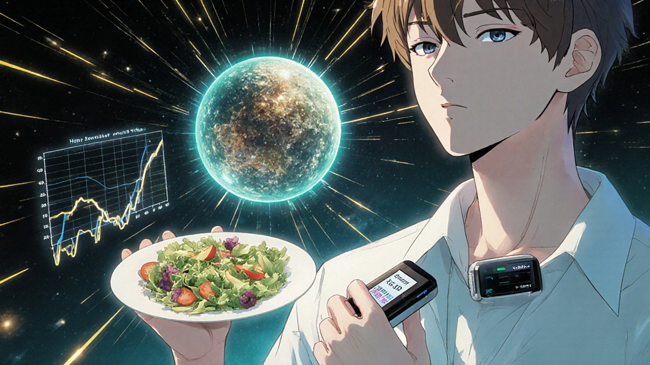 Person wearing a continuous glucose monitor, watching holographic blood sugar data change as they eat and walk, with stem cell therapy repairing pancreas cells in the background.