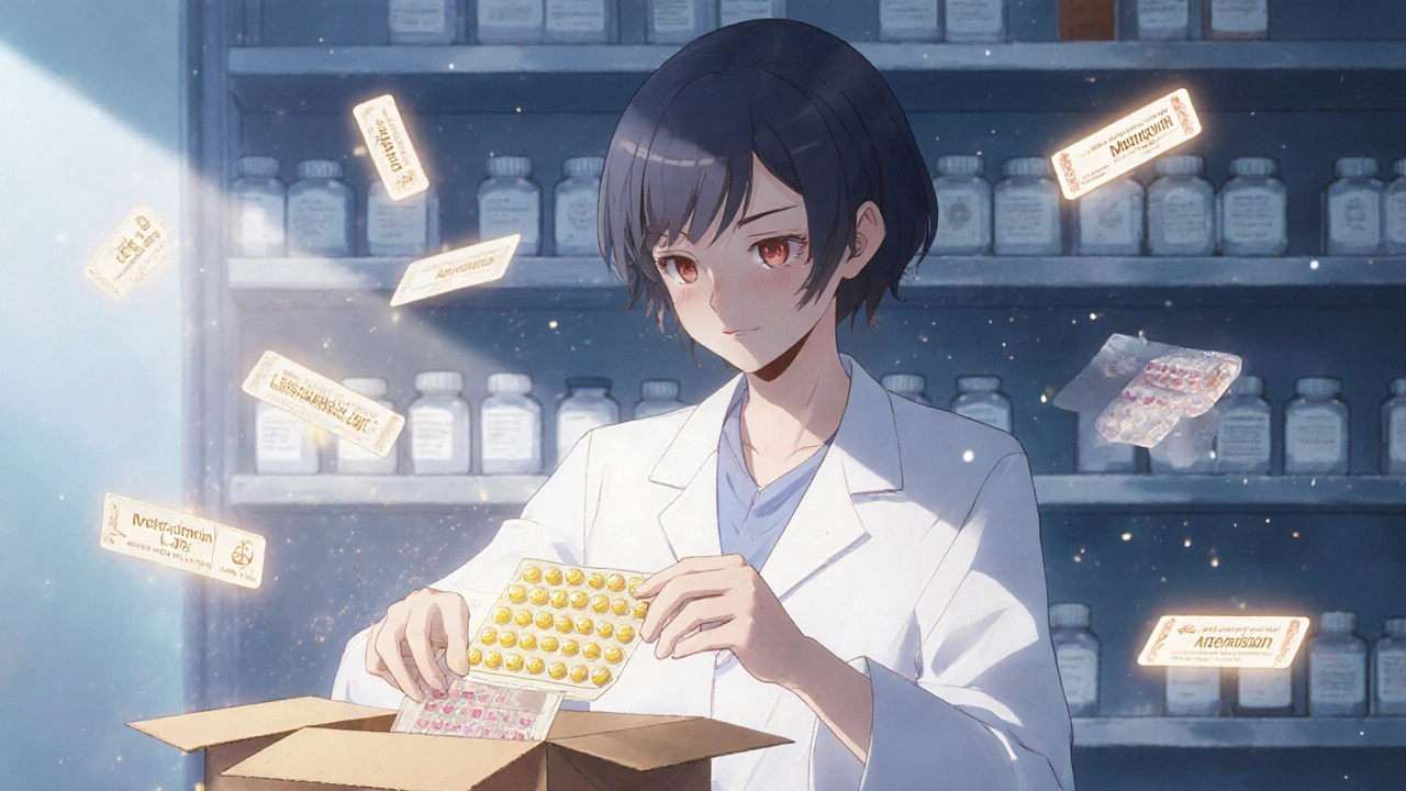 Pharmacist packaging a glowing blister pack with floating medication labels in a clean, serene pharmacy.