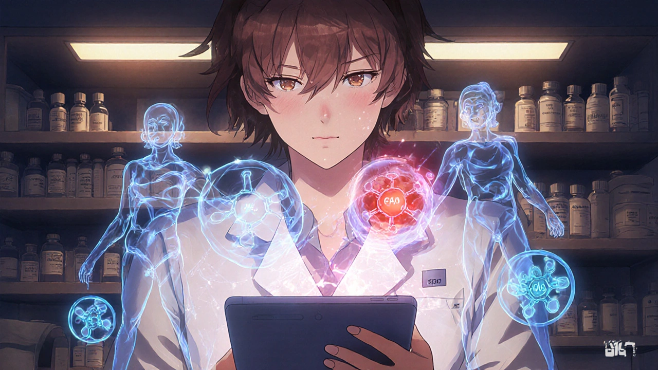 Pharmacist reviewing digital drug interactions with molecular structures glowing dangerously, lab setting.