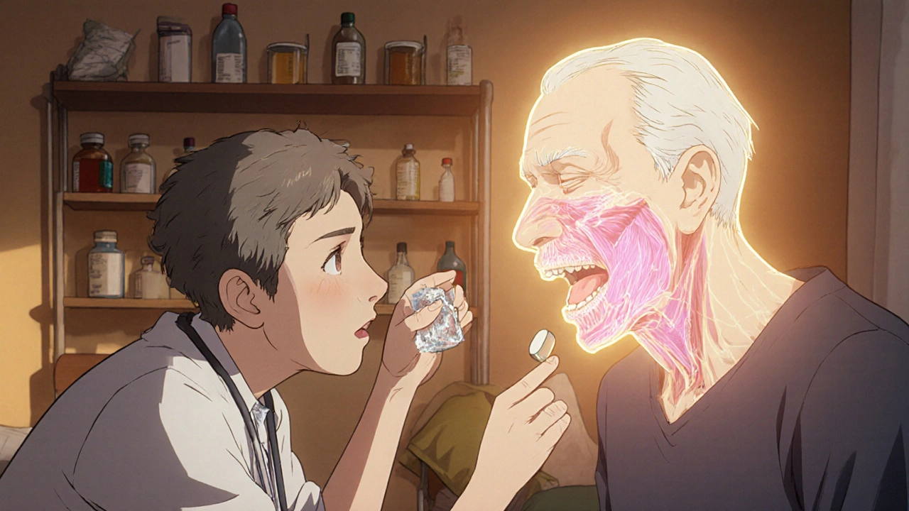 Speech therapist guiding an elderly patient through a swallowing exercise.