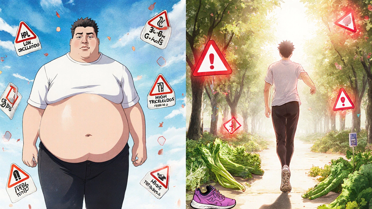 Split image of a person with metabolic syndrome on one side, and the same person healthy and walking in a park on the other, with warning symbols fading away.