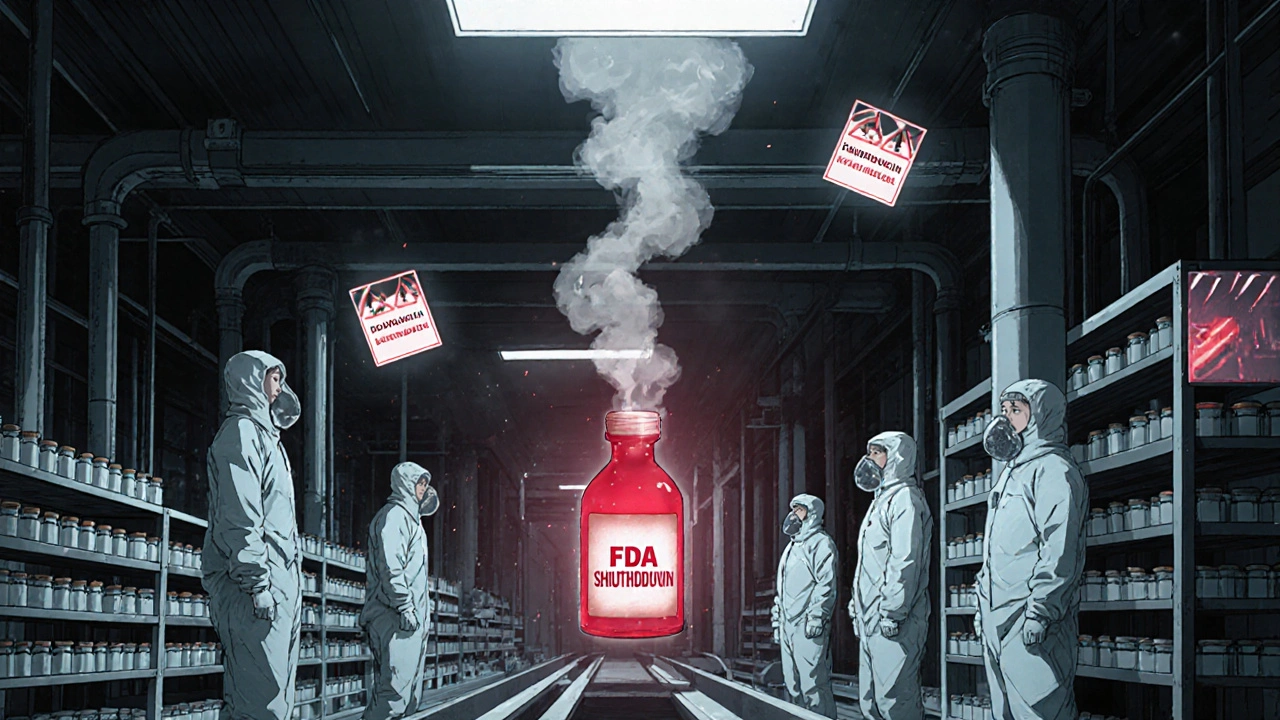 Sterile drug factory with leaking pipe and red warning lights, workers in bio-suits shocked.