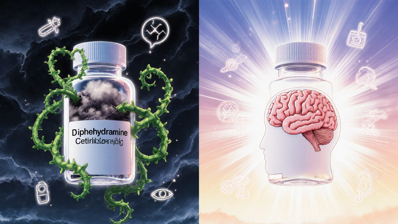 Two pill bottles contrasted: one poisoning the brain with fog, the other allowing clean light to pass through unharmed.