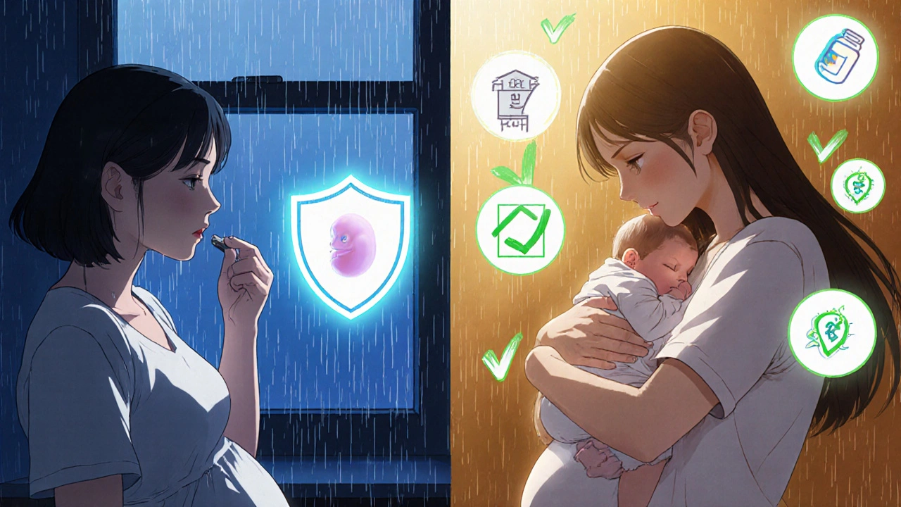 Woman taking medication during pregnancy, transitioning to holding healthy baby with safe drug icons.