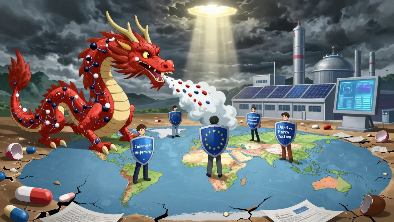 A dragon made of chemical molecules supplying pills globally, opposed by figures representing improved safety efforts.