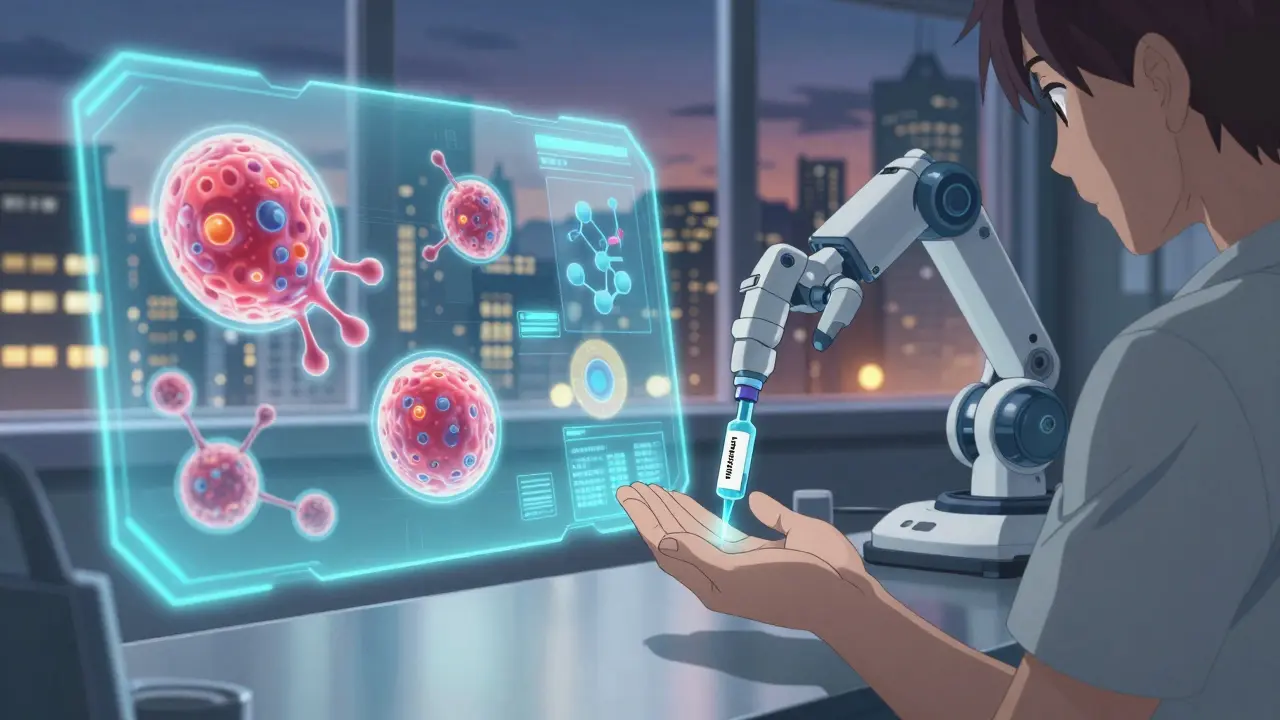 A futuristic lab with AI holograms analyzing tumor genomes as a robotic arm delivers targeted therapy to a patient.