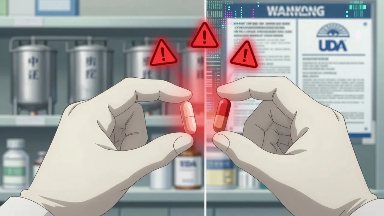 A generic pill with a split journey from Chinese API production to Indian packaging, surrounded by warning symbols.