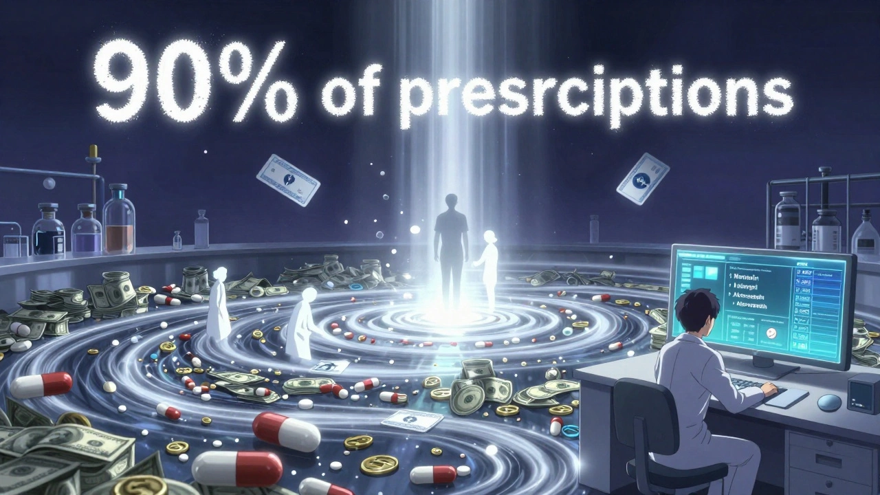 A glowing reservoir of pills and money with patients floating upward, labeled by common generic drugs.