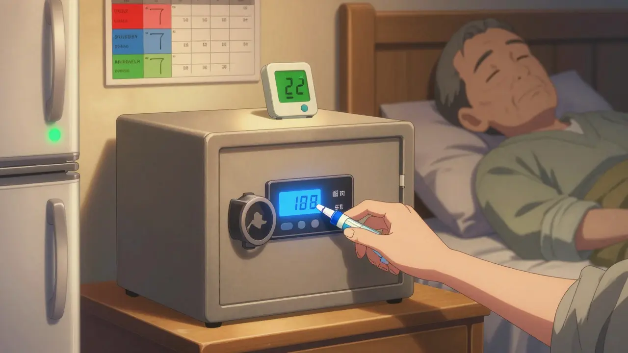 A locked medication safe on a nightstand with color-coded labels and a temperature sensor glowing softly.