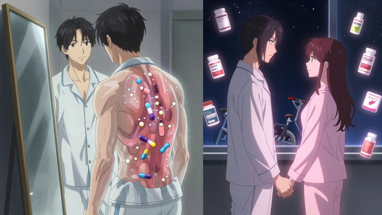 A man’s transparent body shows blocked hormones, contrasted with him holding hands with a partner at night.