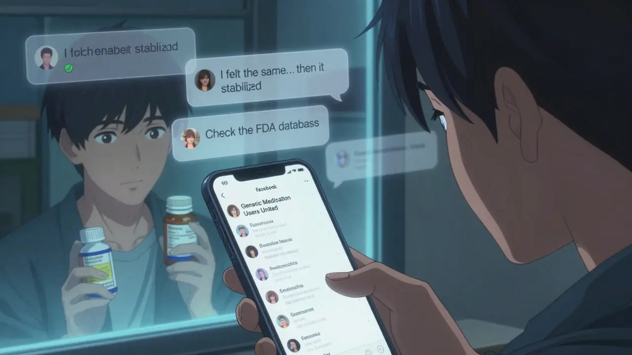 A man stares at his phone showing a support group thread, his reflection showing a past brand-name pill, now replaced by a generic one.