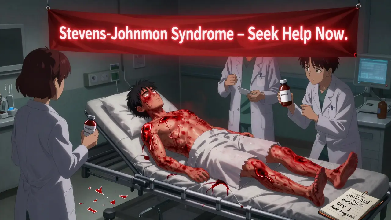 A patient in emergency care with a glowing red rash spreading across their skin, surrounded by medication bottles and medical staff.