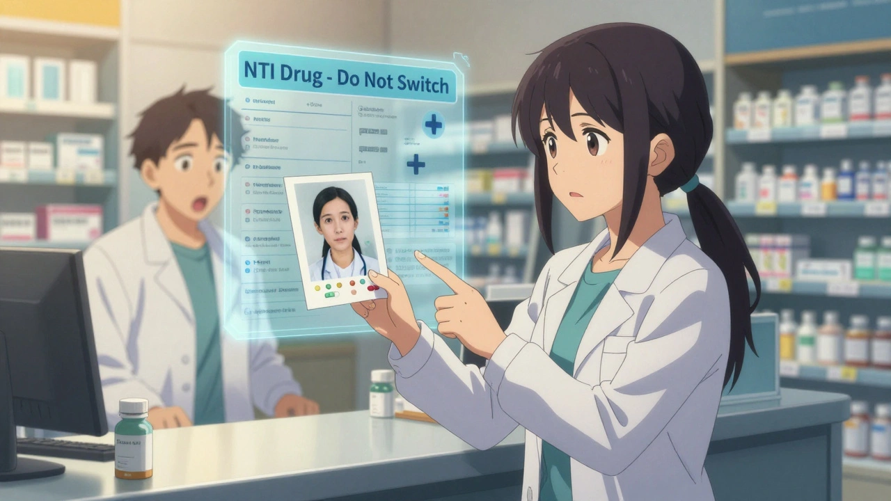 A patient insisting on consistent medication at a pharmacy counter, holding a photo of their original pill.