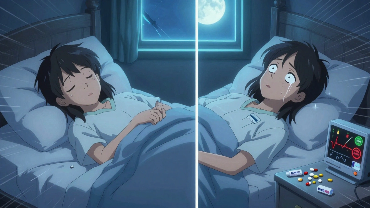 A patient sleeping peacefully beside a pill bottle, then awake in distress with a beeping heart monitor.