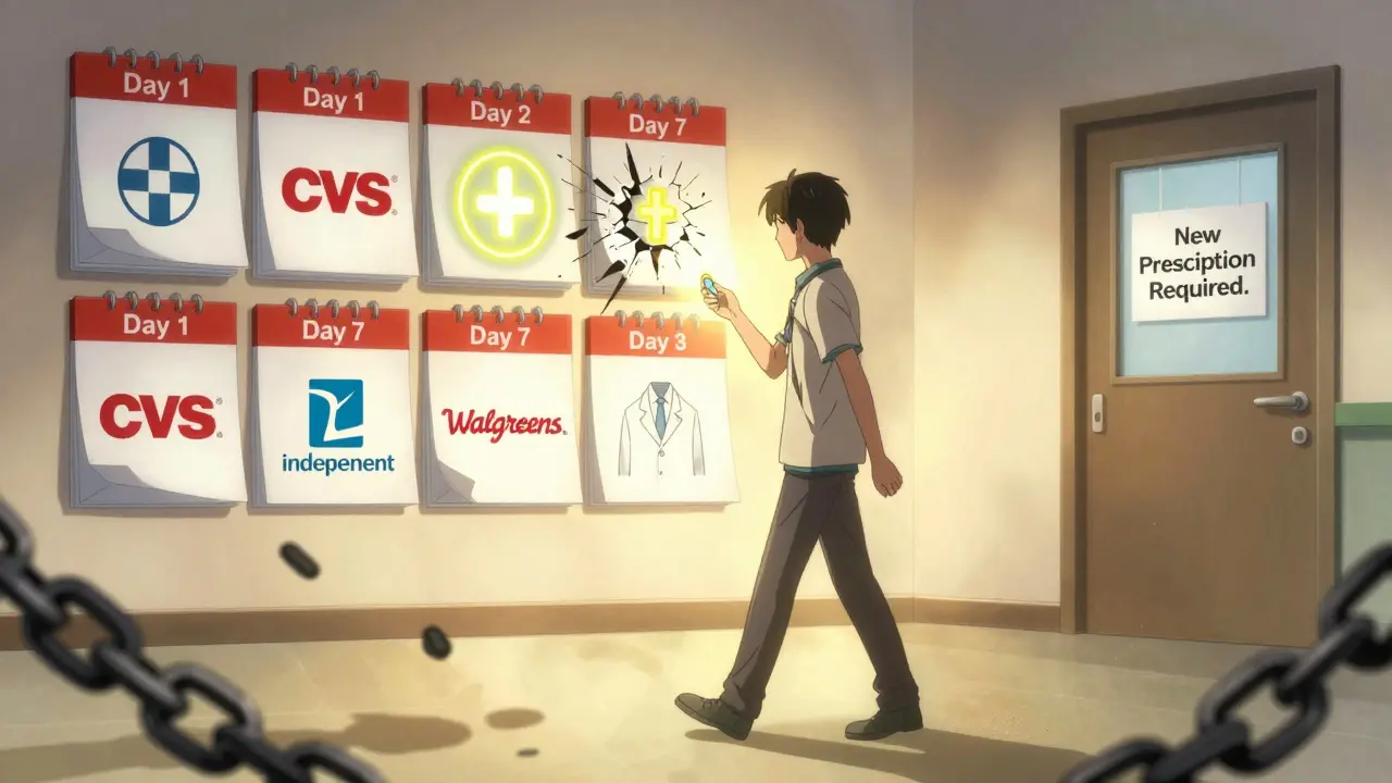 A patient walking forward with a single pill, passing pharmacy logos as a one-time transfer icon breaks behind them.