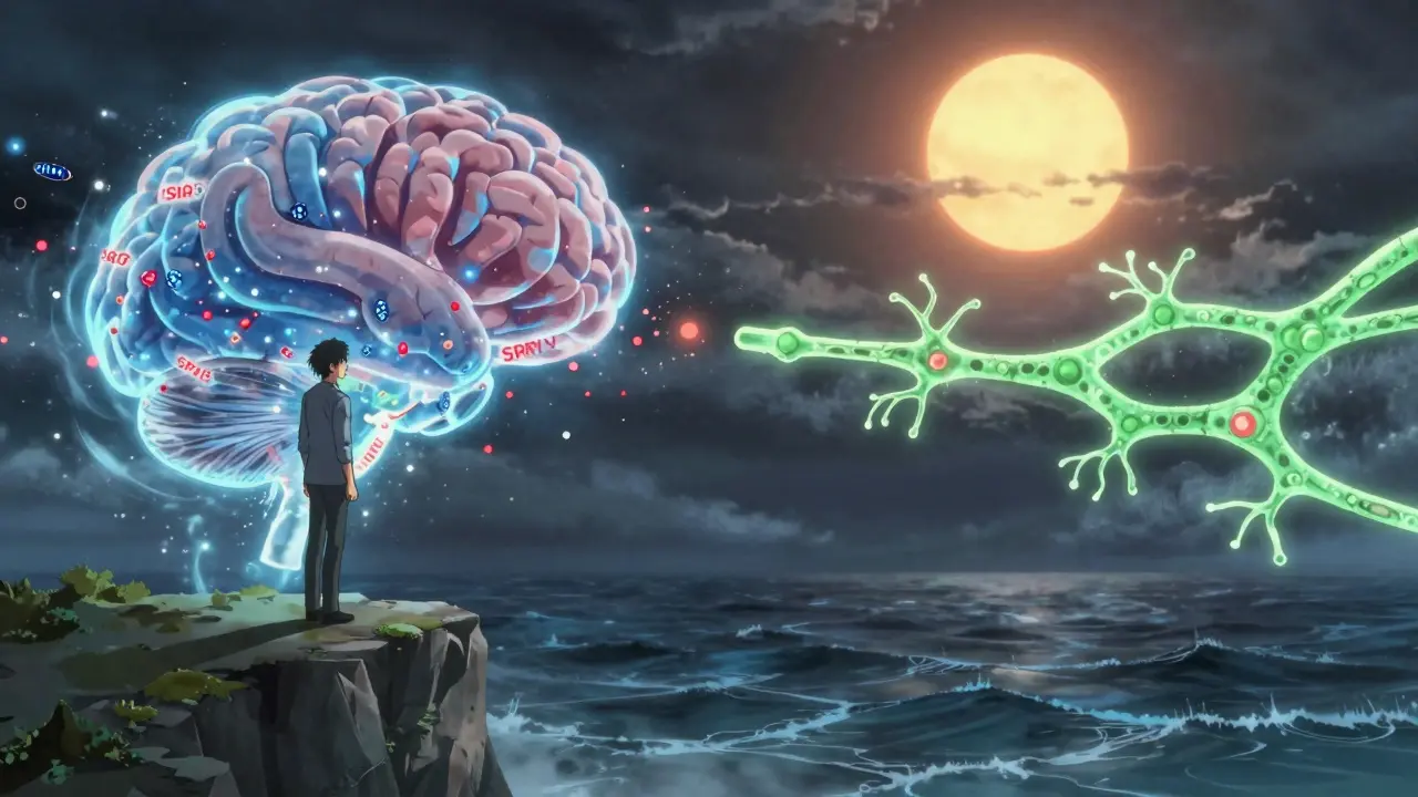 A person reaches toward a glowing neural bridge as their body transforms into colored particles representing different antidepressants, with a stormy ocean below.