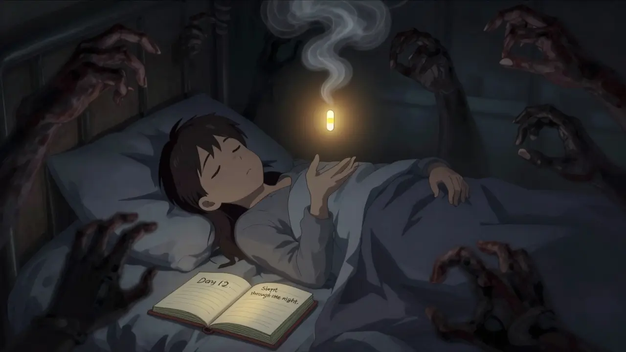 A person sleeps peacefully as nightmare shadows dissolve under prazosin's gentle glow.