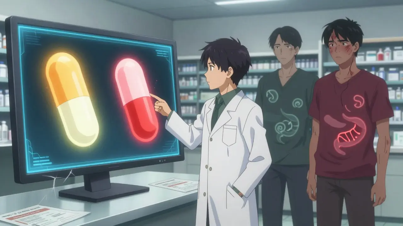 A pharmacist showing two identical pills with contrasting energy auras, while a patient's shadow reveals hidden side effects.