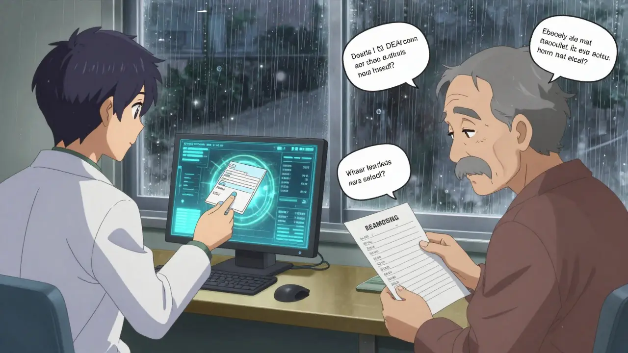 A pharmacist transferring a prescription electronically while a patient holds a list with failed transfer notes around them.