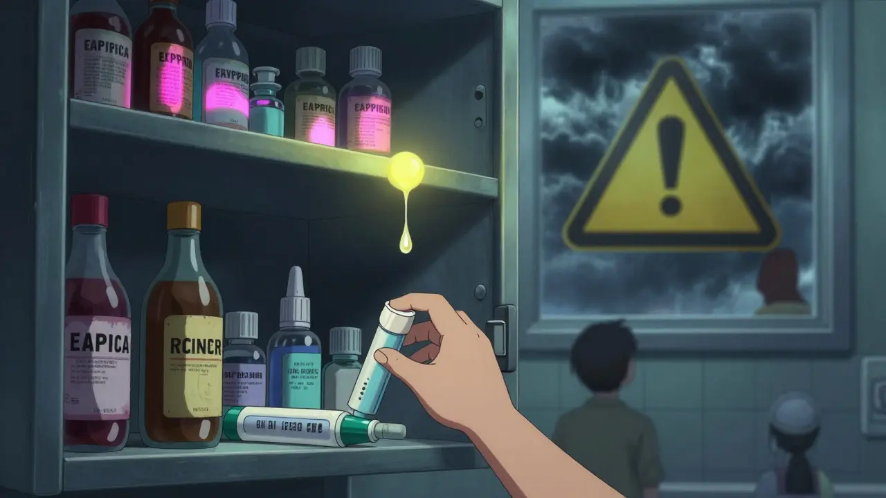 Child reaching into unlocked cabinet filled with expired medications, storm cloud above.