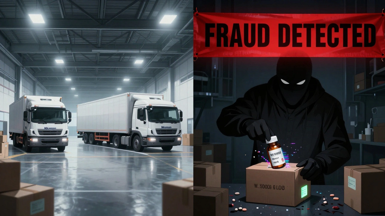 Contrasting scenes: modern warehouse with traceable drug shipments vs. shadowy counterfeiting operation with glitching serial numbers.