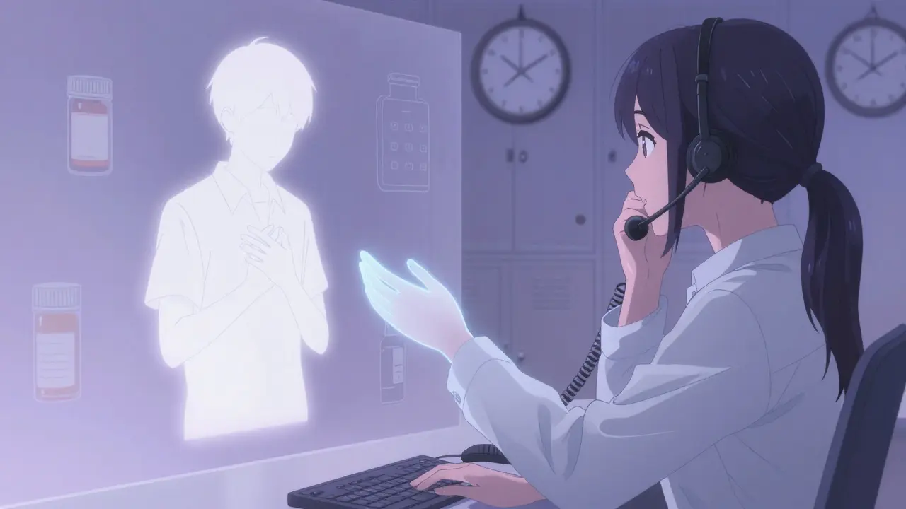 Crisis counselor on phone with glowing hand reaching toward a distressed silhouette in a quiet call center.