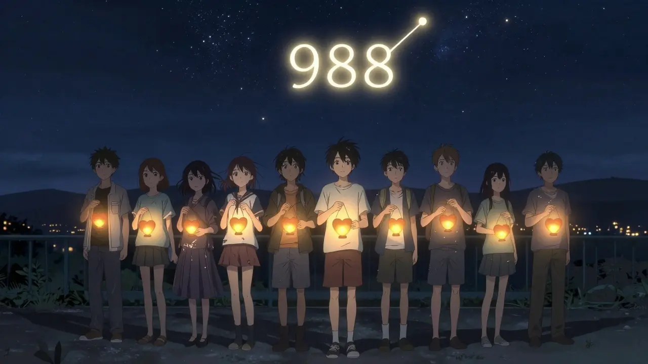 Diverse group of young people holding heart-shaped lanterns under a starry sky with 988 symbol above.