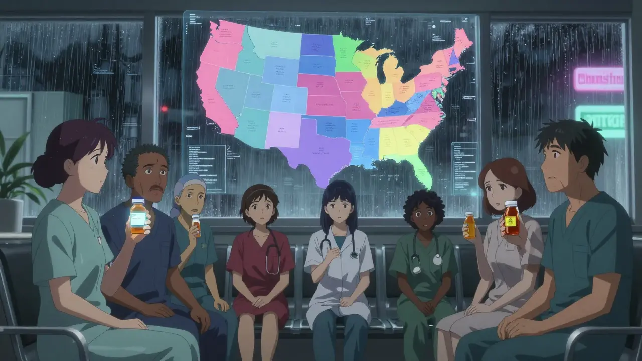 Diverse patients in clinic with holographic U.S. map showing state drug substitution laws