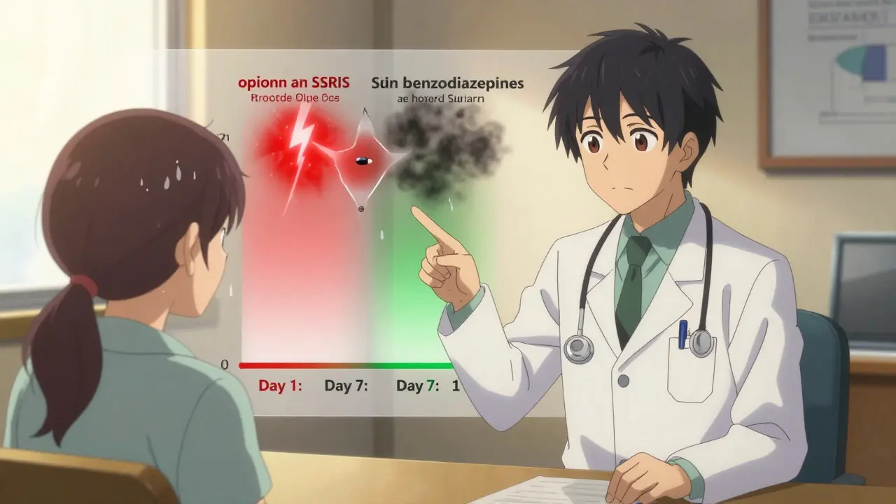 Doctor and patient reviewing a timeline of opioid nausea fading over seven days with interaction warnings.