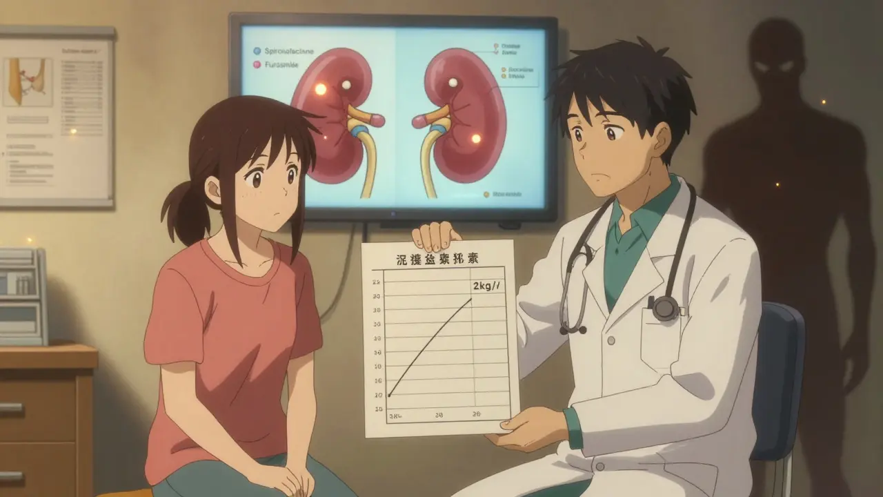 Doctor and patient reviewing weight chart, with diuretic mechanism shown on wall.