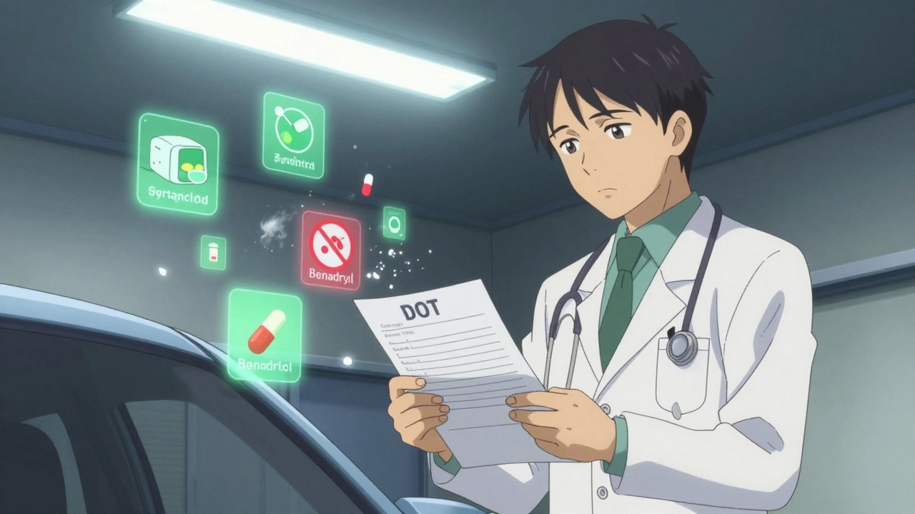 DOT medical examiner reviewing medication list with allowed drugs glowing green and banned ones crumbling.