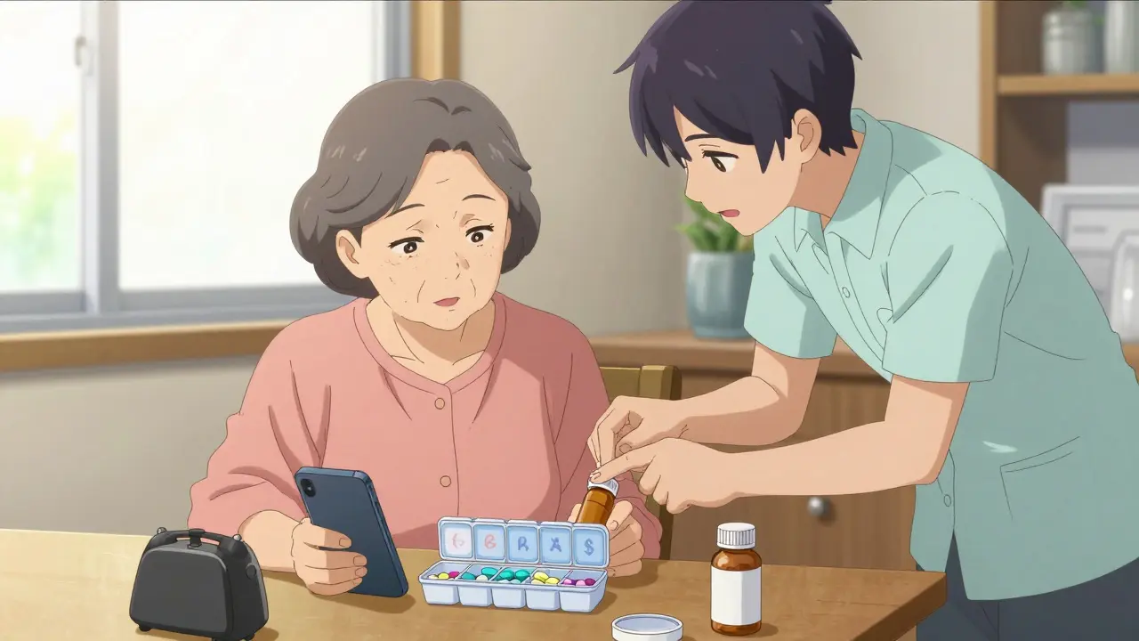 Elderly woman taking pills at breakfast with caregiver nearby, morning light streaming in.