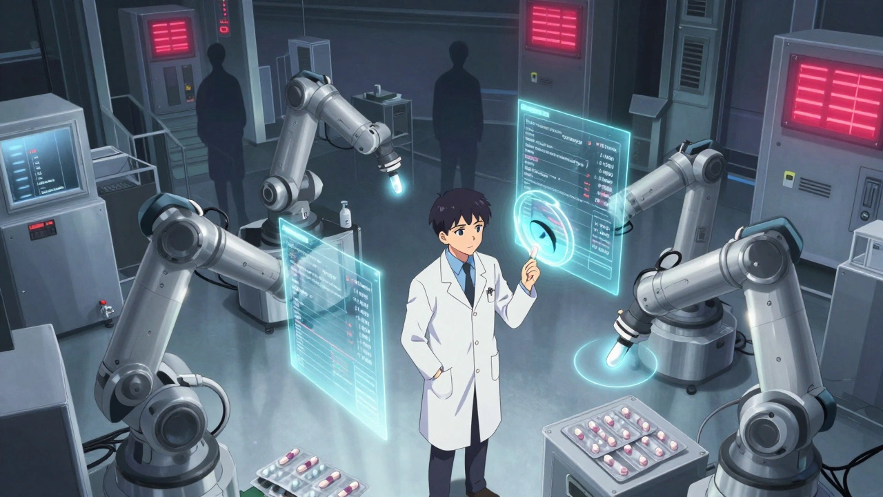 FDA inspector in a global drug factory surrounded by real-time data streams and robotic packaging.