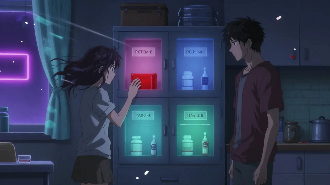 Four locked compartments in a shared medicine cabinet glow with colored LEDs in a dimly lit apartment.