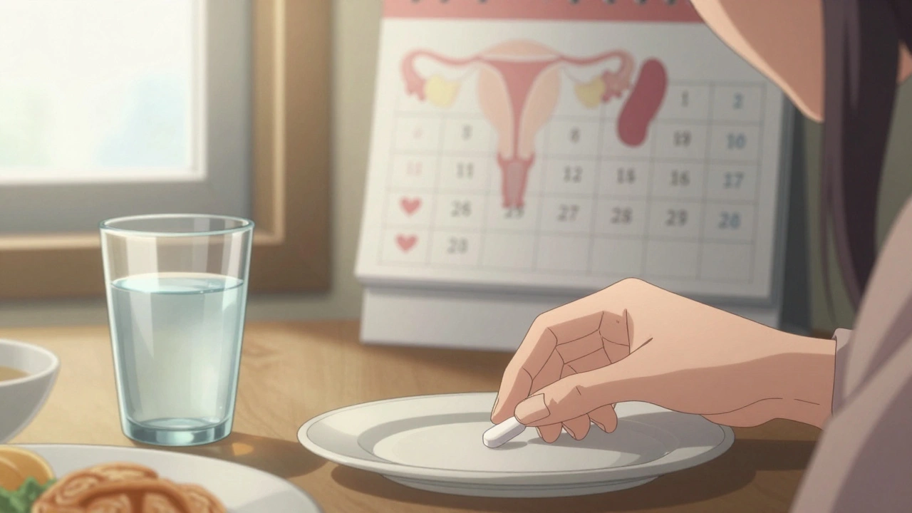 Hand placing levothyroxine pill on breakfast table with morning light, calendar marked with heart symbols.