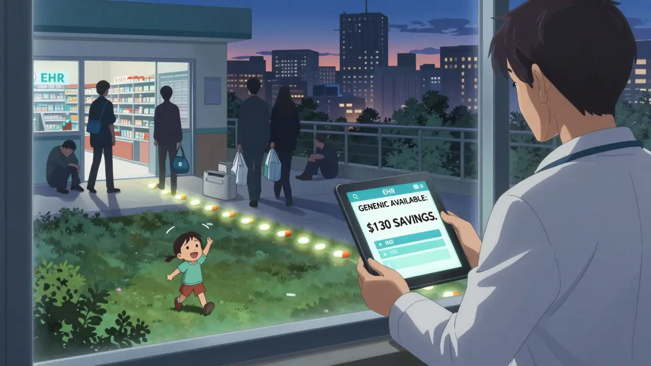 Healthcare provider views an EHR alert about cost savings as glowing pill lights lead to a child playing in a park.