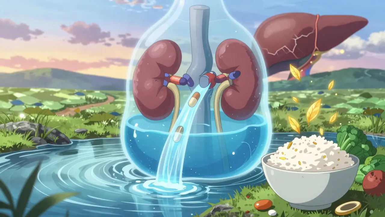 Internal view of body with fluid draining from abdomen, nourishment rising as golden leaves.